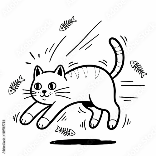 Cartoon cat jumping with fish bones in a playful manner art
