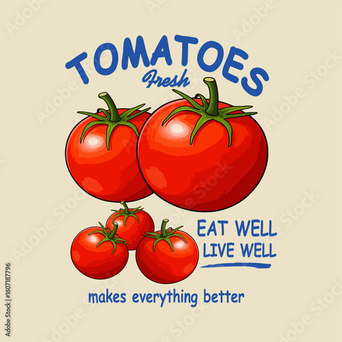 Red tomato graphic design. Organic vegetable farming. Fresh Italian tomatoes. Positive vibes, blooming tomato art. Tomato artwork for printed t-shirts, posters, stickers, and more
