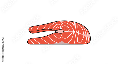 Illustrative graphic of a vibrant salmon steak with distinctive white marbling and reddish-orange flesh showing texture and detail