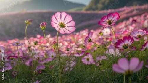 Beautiful field of cosmos flowers in full bloom under soft sunlight with vibrant pink petals and green stems