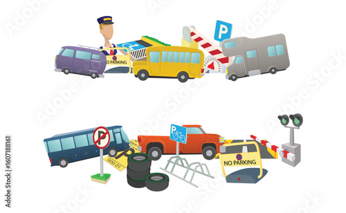 Cartoon style elements depict various parking related scenarios, including vehicles, signage, and infrastructure, highlighting parking management concepts