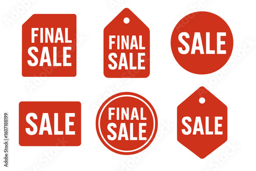 A collection of sale sign designs features round, square, and tag shapes for retail promotions and marketing campaigns