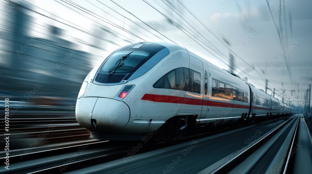Fototapeta premium High Speed Electric Train Moving Fast on Rail Tracks in Motion