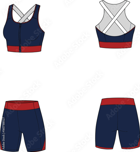 Flat sketch of women's sports bra and biker shorts set with contrast waistband and cross-back straps, activewear CAD template