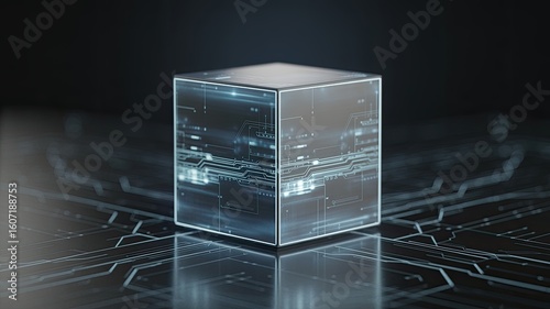 Digital cube with circuit board design illustrating futuristic technology and data processing concepts