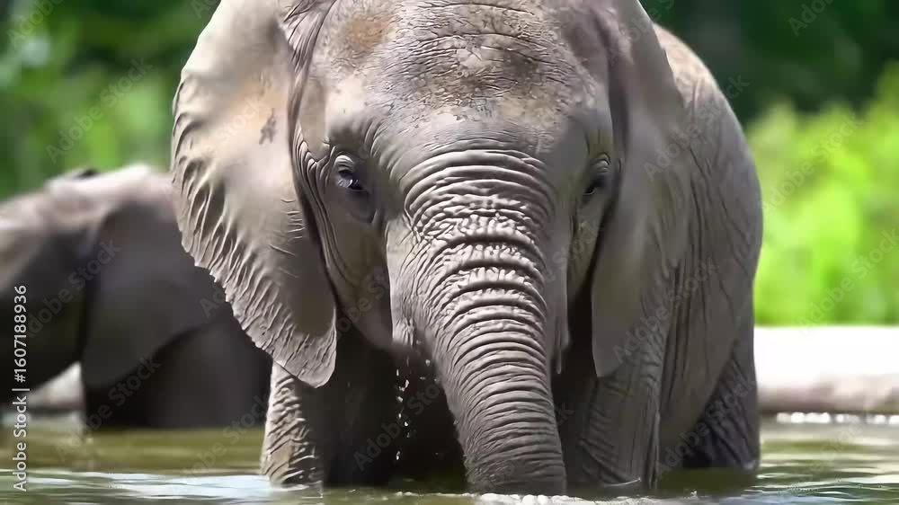 Young elephant drinking water in lush greenery, another elephant in background, wildlife documentary