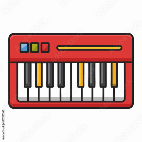 Red keyboard with black and white keys and yellow accents illustration