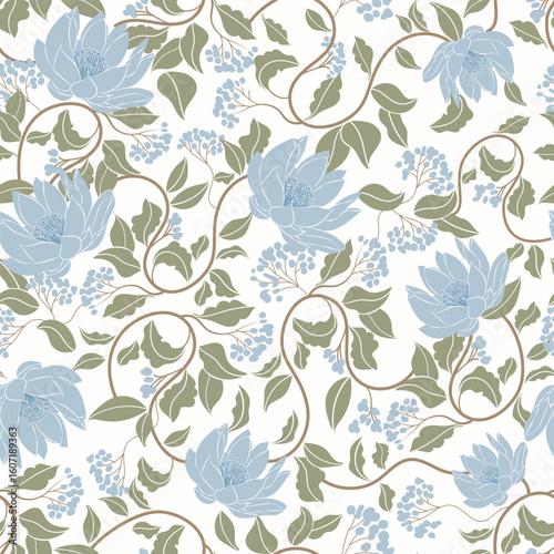 Minimalist contemporary floral seamless pattern. Pattern of blue lotos flowers on white background. Suitable for print, poster, postcards, web design, wallpaper. Vector. Vintage background.