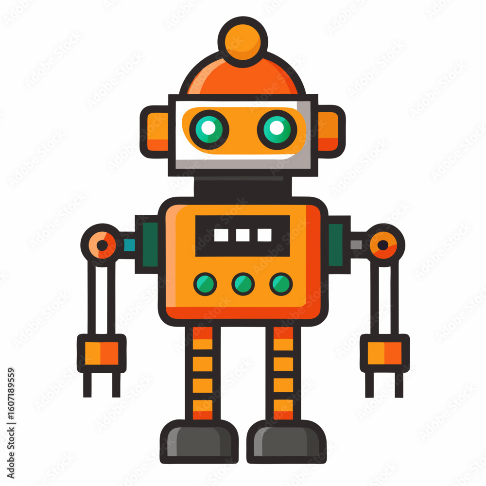 Fototapeta premium Orange Toy Robot with Green Eyes and Buttons Isolated on White