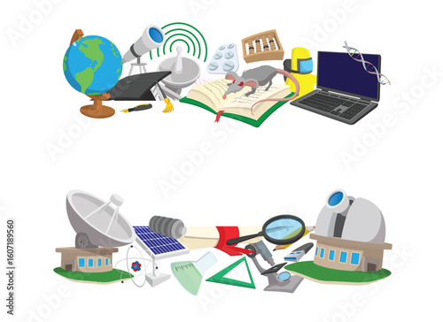 Science equipment and tools representing education and research studies