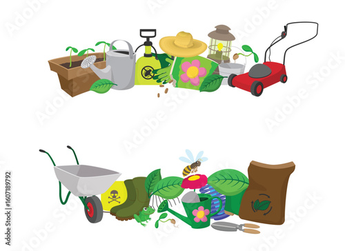 Gardening tools and equipment for growing plants and flowers create a vibrant and colorful arrangement