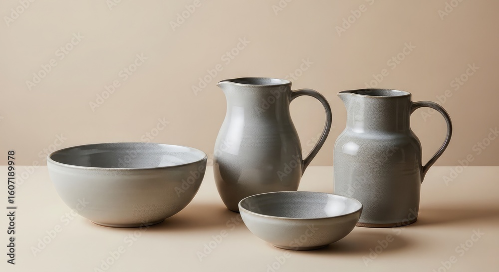 Fototapeta premium Rustic ceramic pitchers and bowls on a neutral surface