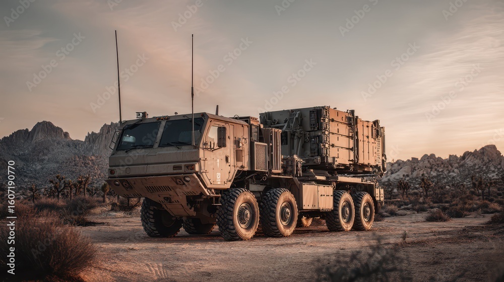 Fototapeta premium Mobile Launcher System in Desert Landscape at Sunset