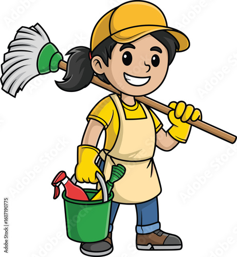 Cartoon female cleaner character holding mop and bucket with cleaning supplies, wearing gloves and apron, cad drawing flat vector illustration for housekeeping