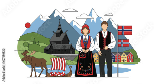 Viking heritage norwegian culture traditional clothing mountain landscapes fjord scenery and architectural styles representing national identity
