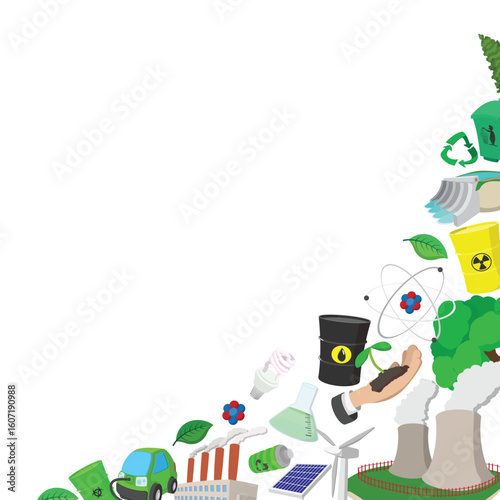 Cartoon style icons representing ecology, green energy, nuclear energy, and pollution prevention forming a side border on white background