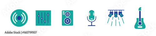 Audio icon set. Containing guitar, speaker, vinyl, mic, lighting, mastering icons Solid icon collection. Vector illustration.