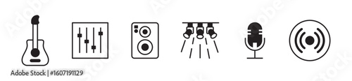 Audio icon set. Containing guitar, speaker, vinyl, mic, lighting, mastering icons Solid icon collection. Vector illustration.