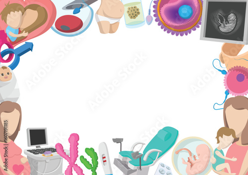 Colorful cartoon style banner depicting pregnancy journey, from fertilization and embryo development to newborn, encompassing various gynecological aspects