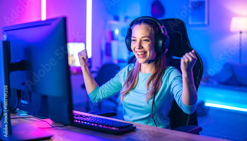 Play to earn: Social media influencer joyfully live streaming gameplay. Excitement shows on her face during play to earn game