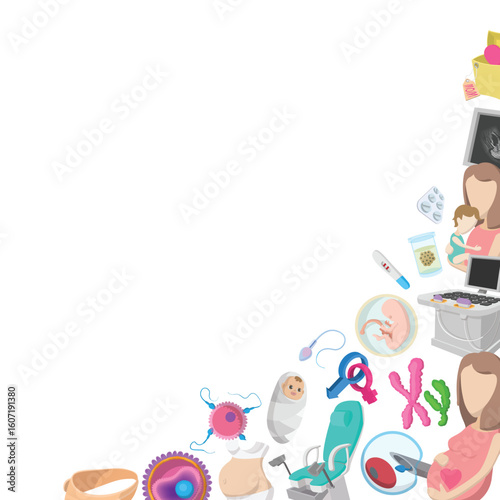 Cartoon pregnancy and gynecology banner illustrating the journey from conception to childbirth, featuring medical tools and a happy mother holding her newborn