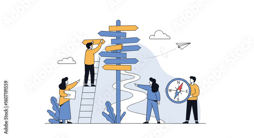 People collaborating to navigate complex pathways and make important decisions guided by a compass