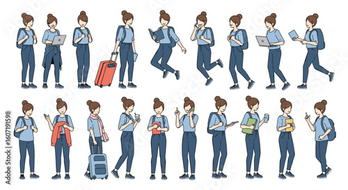 Young woman digital nomad traveler exploring destinations with gadgets and luggage on the go