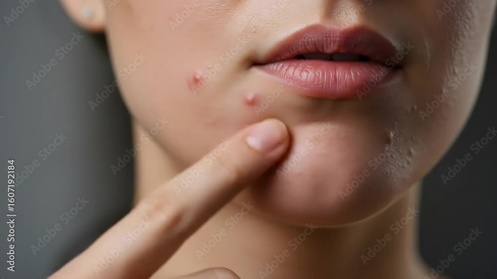 Close-up of a person's face showing acne with a finger touching the skin and visible blemishes.