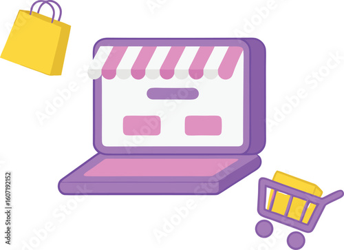 Online shopping concept with laptop shopping bag and cart