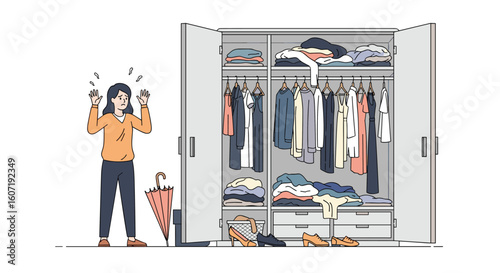 Frustrated person standing next to overflowing messy wardrobe full of clothes and accessories
