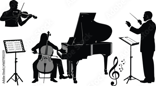 Experience the symphony orchestra in elegant silhouette featuring a violinist, cellist, pianist, and conductor performing with passion