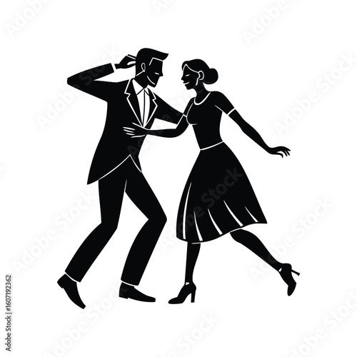 Silhouette of a couple elegantly dancing in black and white vector art