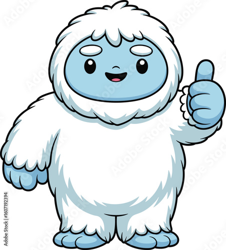 Cute cartoon yeti character giving thumbs up, smiling abominable snowman with blue face and white fur, cad drawing flat vector illustration design