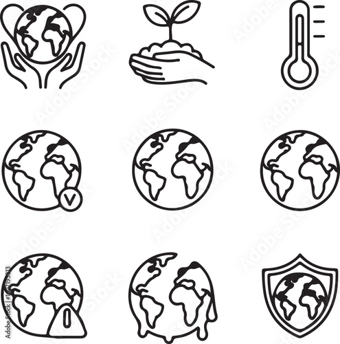 Set of vector icons representing environmental protection climate change and sustainability including earth in hands seedling thermometer and melting globe in simple line art style