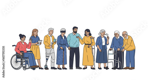 Diverse group of elderly individuals and caregivers standing together in a community setting
