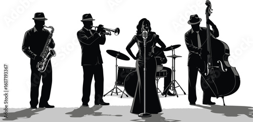 Elegant jazz band performing live with singer, saxophone, trumpet, bass, and drums in silhouette style for vintage entertainment vibes