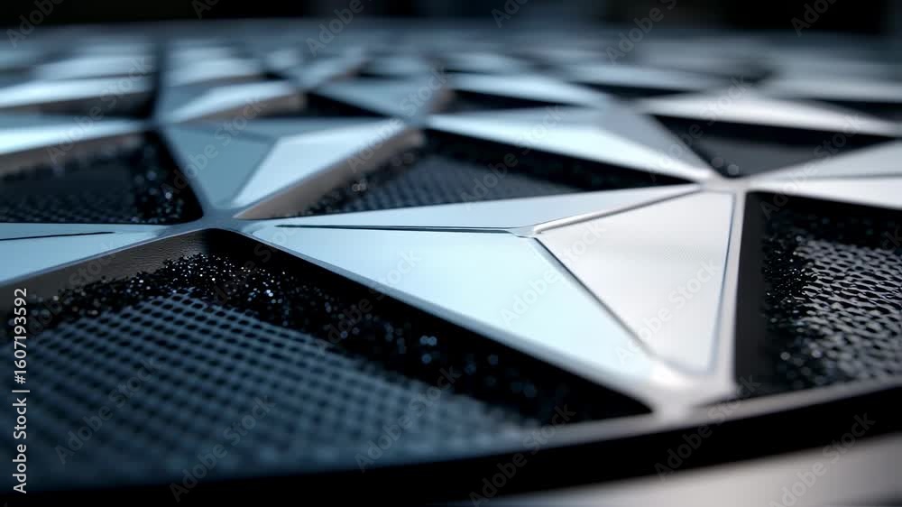 Close up view highlighting an innovative surface of interconnected triangular metallic elements with a mesh grid and granular texture, reflecting advanced technology and futuristic design