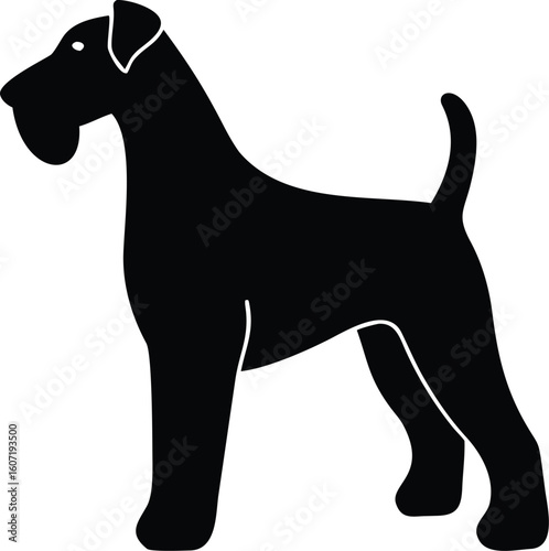 Airedale Terrier silhouette with square head, arched tail, and sturdy frame in proud stance