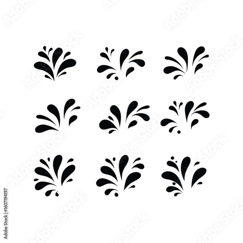 Nine Black Ink Splatter Flourish Elements on White Background splash liquid