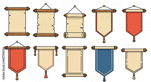 Collection of old parchment scroll banners for decorative purposes displaying historical information and artistic designs