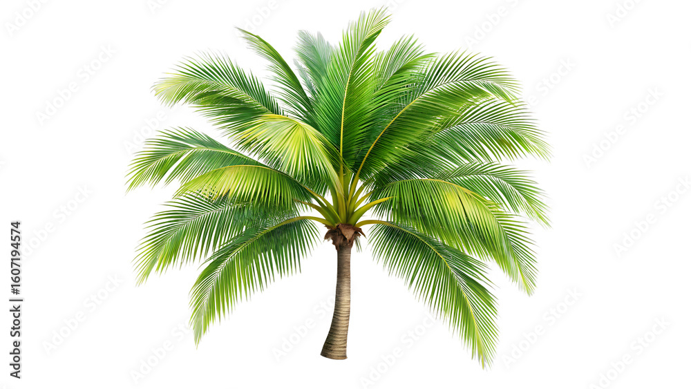 Obraz premium single coconut palm tree with green fronds isolated on white and transparent background