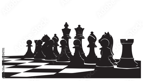 Black and white chess pieces on board, vector illustration