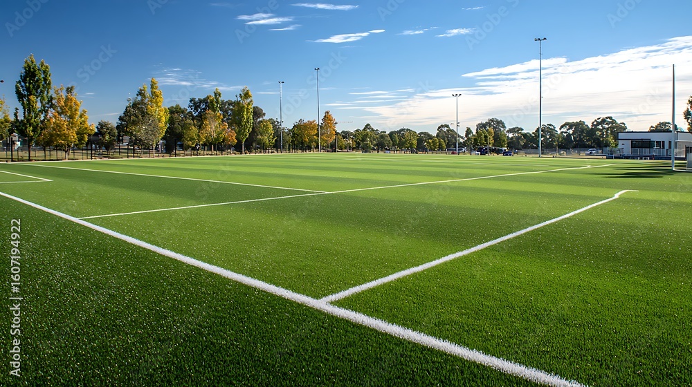 Fototapeta premium Green turf sports field with white markings and trees recreation