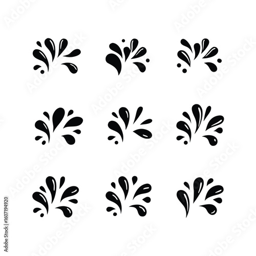 Nine Black Water Splashes And Droplets Arranged In A Grid On A White Background liquid fluid