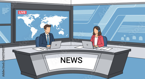 Professional news anchors discussing global events live on television broadcasting worldwide