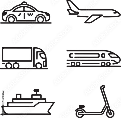Transportation Icons Set in Black Outline Style featuring various modes of transport including car airplane truck train ship and scooter perfect for travel and logistics