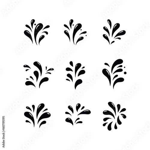 Nine Black Water Splashes Isolated on White Background liquid drop 2