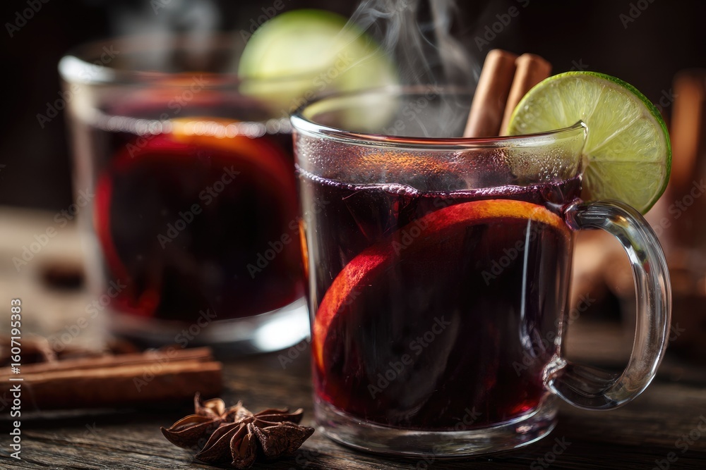 Two steaming mugs of dark spiced wine with citrus Two steaming mugs of dark spiced wine with citrus