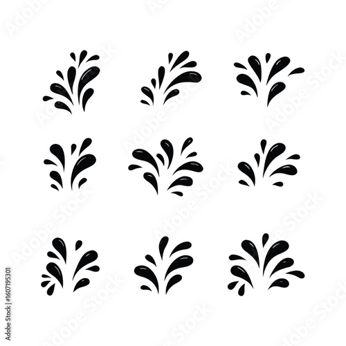 Nine Black Water Splashes Isolated on White Background liquid drop