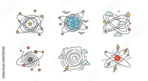 Abstract cosmic vortex swirls and energetic planetary orbits with celestial elements and weather phenomena decorations